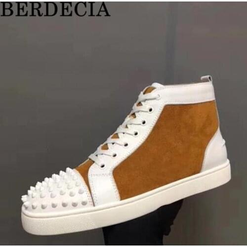 Berdecia Mixed Color Men Shoes Spikes Lace Up Flock Leather Patchwork Leisure Style High Top Studded Chaussures Male Sneakers