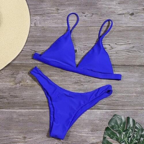 2Pcs Solid Color Bikinis Set Women Swimsuit Sexy No Pad Push up Bras Briefs Blue Swimwear Women Swimsuit bikinis 2021 mujer