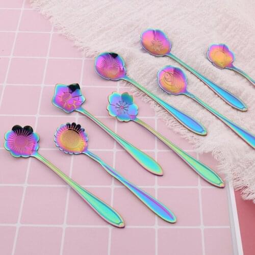 Stainless Steel Cute Tableware Rainbow Flower Shaped Coffee Stirring Spoon Tea Dessert Ice Cream Scoop Tea spoon Kitchen Gadget