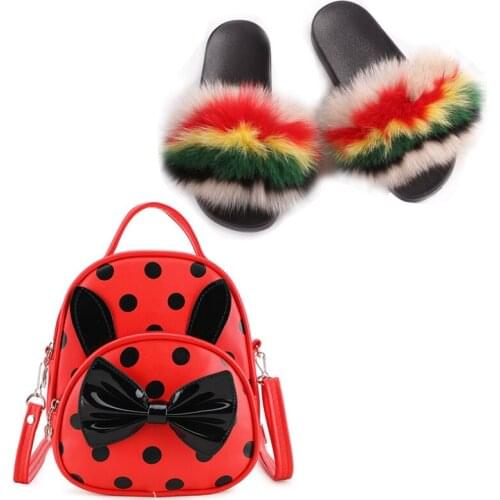 Girl Cute Bowtie Purse Rainbow Fur Slides Match Set Baby Lovely Furry Fur Slippers Sweet Girl Sequin Schoolbag Fur Shoes Set Hot