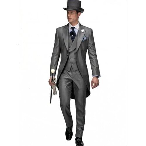 Morning Style Gray Men Prom Dress Work Business Suits Coat Waistcoat Trousers Sets Groom Tuxedos (Jacket+Pants+Vest+Tie) K:1299