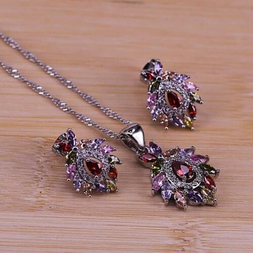 Risenj Artistic Vintage Cubic Zircon Jewelry set Colorful CZ Crystal Silver Color Pendant Necklace Earring Set for Women ST24.1