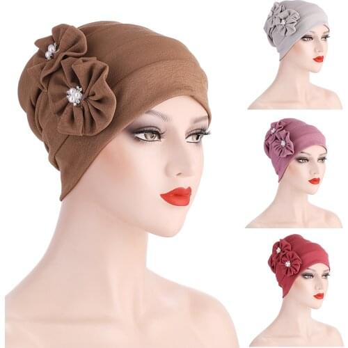 New Fashion Ladies Side Double Flower Bandana Hat Muslim Stretch Pearl Bandana Hat Ladies Hair Accessories Indian Hat Bandana