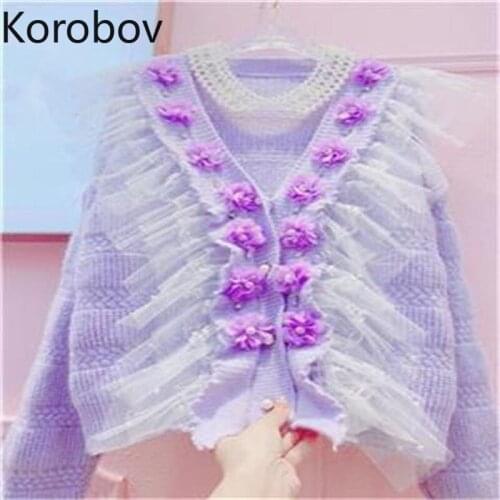 Korobov Autumn Winter New Japanese Sweet Sweaters Korean Mesh Ruffles V Neck Long Sleeve Jumpers Vintage Elegant Sueter Mujer