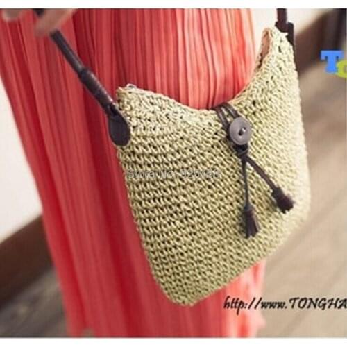 New Fashion Womens Simple Shoulder Straw Bags Weaving Beach Tote Handbags With Button