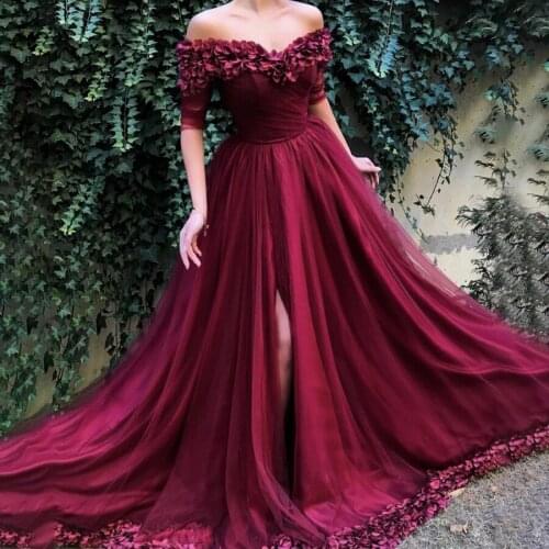 Off the Shoulder Half Sleeves Hand Made Flowers Prom Dress Side Slit Burdundy Tulle Ruched Evening Dress vestidos de boda