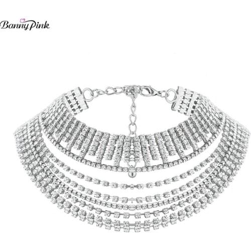 Luxury Rhinestone Chain Choker Necklace For Women Chunky Tassel Crystal Layer Choker Collar Fashion Bridal Jewelry Collier Colar