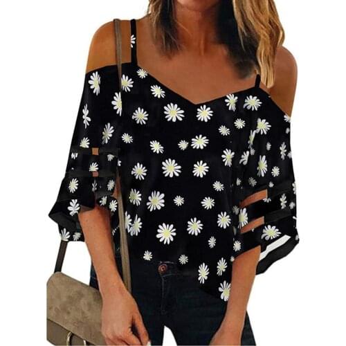 New Stylish Chiffon Shirt Printing Off Shoulder Summer Flare Sleeve Mesh Patchwork Tops for Home Streetwear Beach Pullover Tops