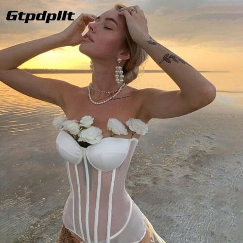 Gtpdpllt Chic Patchwork Mesh Sleeveless Women Bustier Corset Tops Wrap Skinny Vest Crop Tops See Through Underwire Tank Tops