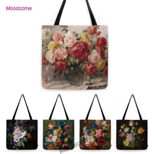 Pretty Flower Oil Painting Still Life Art Gallery Souvenir Gift Cotton Linen Tote Bag Water Resistant Fabric Rose Shoulder Bag
