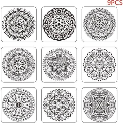 9pcs/set Mandala Stencil Drawing Template for Tile Floor Painting Board Album G8TA