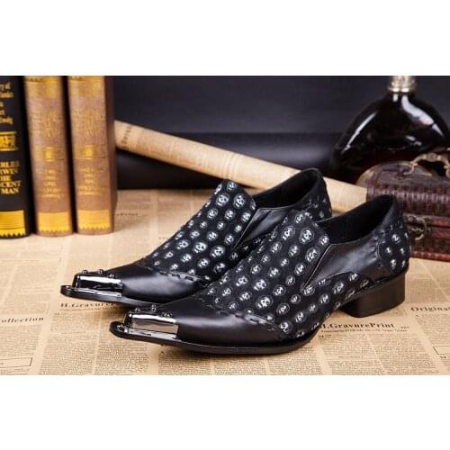 Christia Bella Full Horror Pattern Male Personalized Shoes Plus Size Man Metal Pointed Toe Shoes Men Genuine Leather Party Shoes