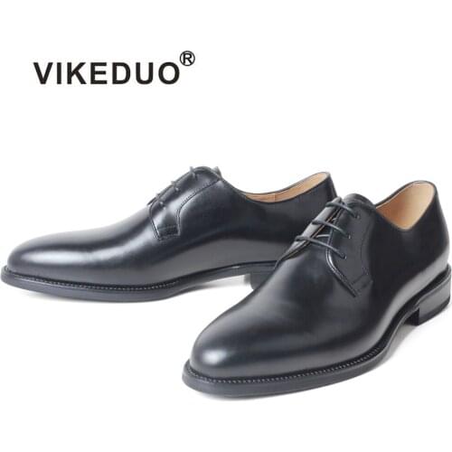 VIKEDUO 2020 New Full Grain Leather Derby Dress Shoes Mens Wedding Office Round Toe Leather Shoes Men Formal Plain Black Zapato