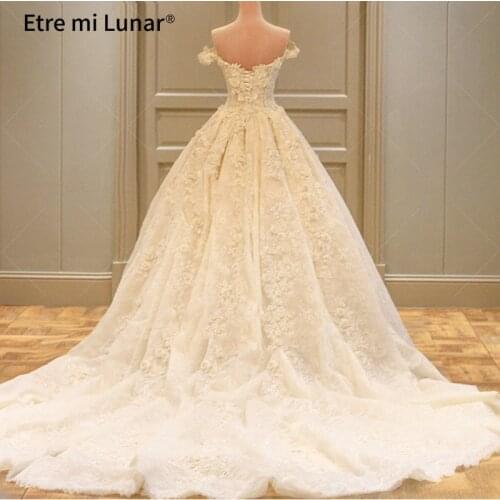 2020 Vintage Off Shoulder Short Sleeves Wedding Dresses Lace Flowers Chapel Train Ball Gowns Real Photo vestido de noiva WD30625