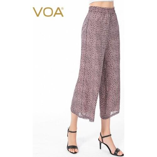 VOA Silk Purple Leopard Print Silk Elastic Tendon Waist Surface in Double Stitching Flowing Thin Wide Leg Pants KJ190