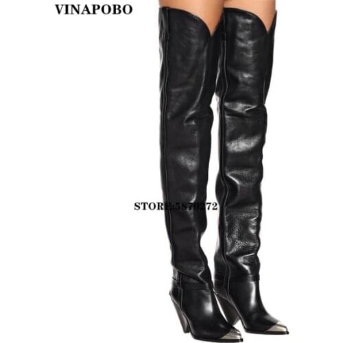 New Genuine Leather Women Thigh High Boots Metal Pointed Toe Sexy Ladies High Heel Runway Trendy Shoe Woman Over The Knee Boots
