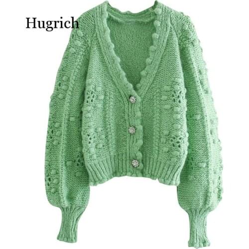 V Neck Sweaters Women Fashion Green Hollow Out Cardigan Women Elegant Lantern Sleeve Female Ladies