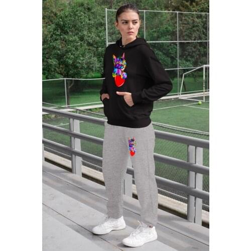 Angemiel Wear Colorful Heart Wrapped Cat Women 'S Tracksuit Set Black Hooded Sweatshirt Gray Sweatpants