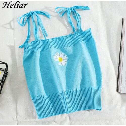 HELIAR Women Knitted Crop Tops Flower Embroidery Girls Straps Crop Tops Women Harajuku Cute Tops For Women Summer Clothes