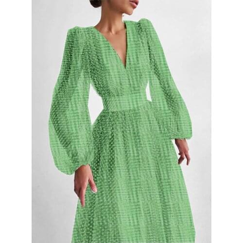 Womens Dress Summer Temperament V-neck Puff Sleeve Dresses 2021 Elegant Green Pink Polka Dot Dress