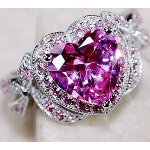 Romantic European and American Pink Color Heart Love White Crystal Zircon Silver Color Alloy Ring for Women Wedding Jewelry