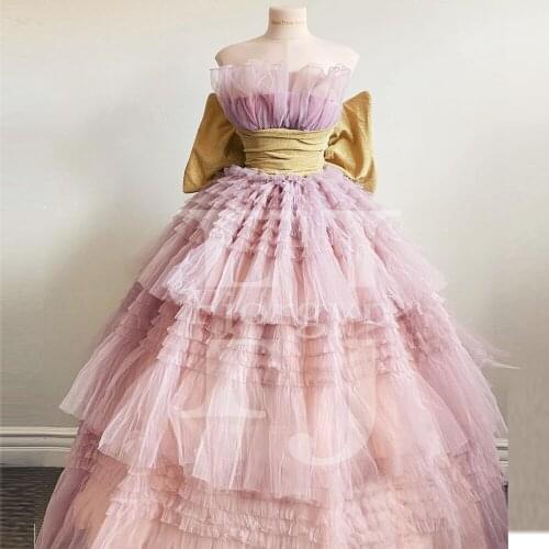 2021 Fahion Strapless Ball Gown Party Dresses Tiered Ruffles Zipper Back vestidos Women Summer Dress with Bow Back Evening Gown