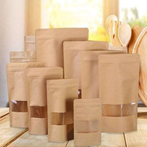 5Pcs Brown Kraft Paper Gift Candy Bags Wedding Boutique Zip Lock Packaging Bag Recyclable Food Bread Party Shopping Bags