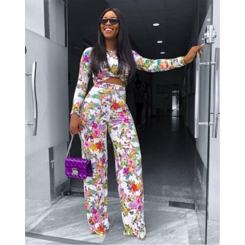 Echoine Long Sleeve Floal Print Pants Set Wide Leg Crop Top Suit Two Piece Set Matching Set Elegant Clothing Female