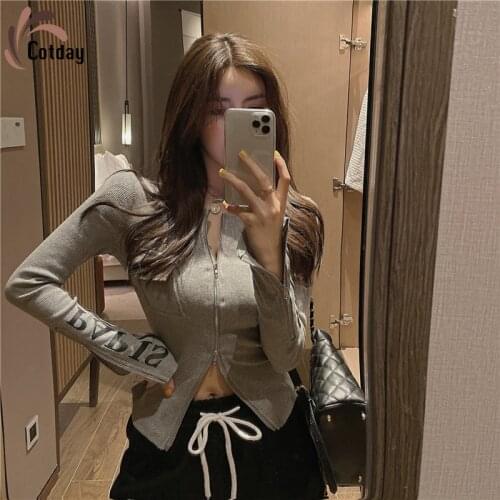 Cotday Knit Long Sleeve Zipper Gray 2021 Fashion Pocket Korean Style Top Letter Women Autumn Cardigan Casual Splits Sweater