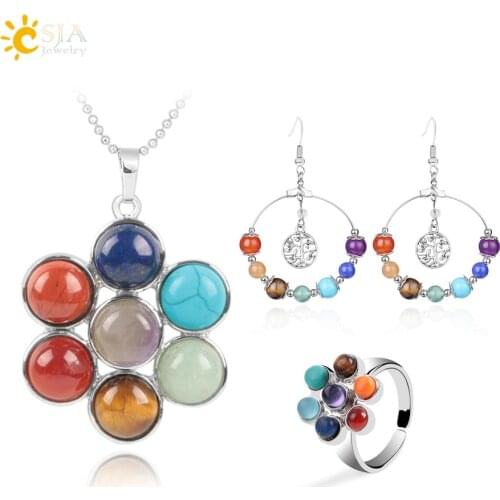 CSJA 7 Chakras Jewelry Set for Women Yoga Reiki Chakra Gems Stone Beads Earring Finger Ring Necklace Sets Standard Shipping F636