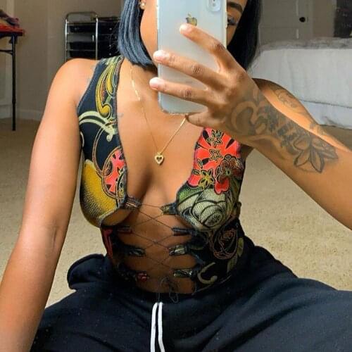 Crop Top Summer Sexy Printing Bandage Hollow Out Self Cultivation Tank Top Women 2021 New Fashion Corset Top