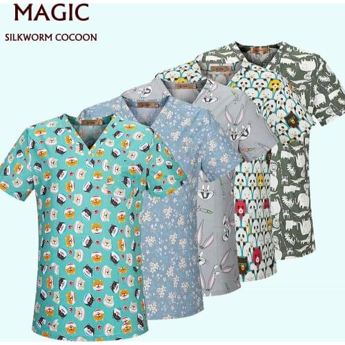 Beauty and health workwear working uniform SPA uniform Fashion Print Scrubs Tops V-Neck Short Sleeves Top with Two Large Pockets