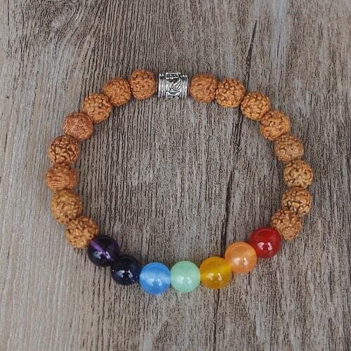 Handmade DIY Buddha Mantra 8MM Wooden Beads 7 Chakra Bracelet Yoga Healing Reiki Mala Seven Chakra Bracelet for Women Men