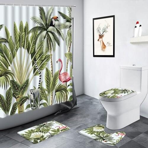 Tropical Plant Palm Trees Flamingo Shower Curtains Green Leaves Toucan Bathroom Decor Non-slip Carpet Toilet Mat Bath Mats Sets