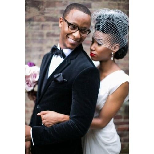 Velour Black Jacket Vest Slim Fit Men Suit 3 Pieces Groomsmen Groom Tuxedo Velvet Prom Wedding Men Suits 2019(Jacket+Pants+Vest)