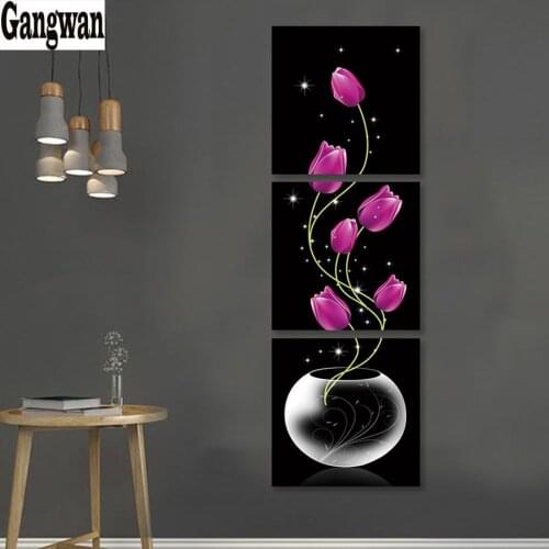 Vertical Version Vase with Rose Diy Square drill diamond painting cross stitch Full 100% cover full embroidery diamond 3 pcs set