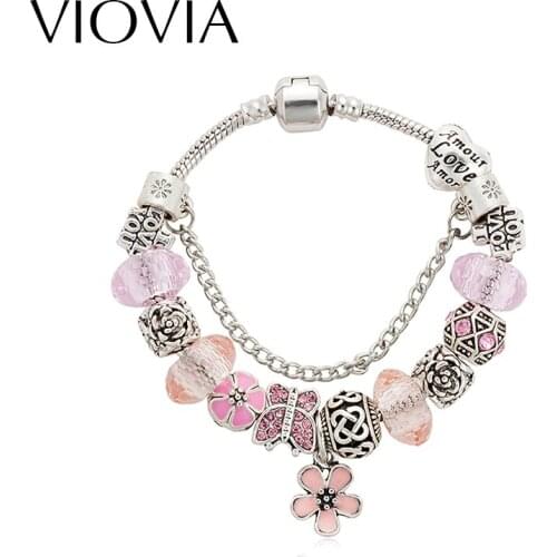 VIOVIA Shine Pink Crystal Charm Bracelets & Bangle For Women Neat Beads Silver Color Jewelry Love Gifts Pulseira Feminina B16009