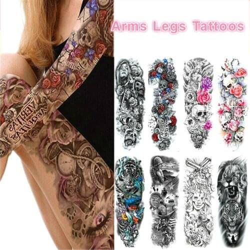 Women Girls Waterproof Tattoo Sticker Rose Flowers Skull Big Temporary Tattoos Lalash Arms Tattoos Punk Sexy Body Art Fake Tatoo