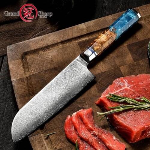Japanese Santoku Knife Chef Knife VG10 Damascus Steel Blue Wooden Handle Kitchen Cooking Tools Cutlery Cookware Salmon Sashimi