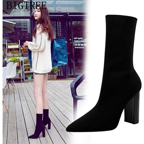 Bigtree shoes women ankle boots knitting shoes woman socks boots shoes botas mujer invierno 2019 Thick heel designer heels3129-2