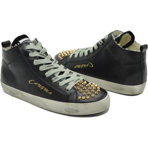 CANGMA Luxury Brand Mid Womens Designer Sneaker Rivets Lace Up Sneakers Black Flats Casual Shoes Female 2021