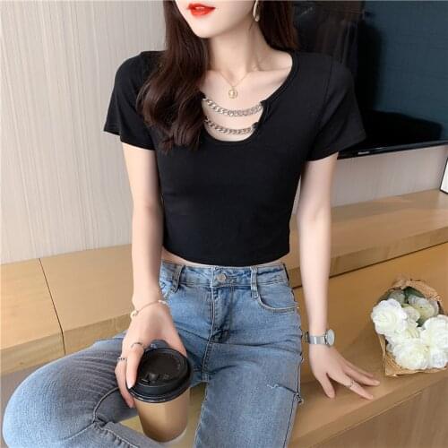 Summer Tops Women 2021 Korean Style Streetwear Casual Hollow Out Chain Short Sleeve Cotton T-Shirt Bodycon Crop Top T639
