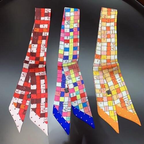 2020 New Scarf Belt Plaid ladies small silk scarf For Women Bag Ribbons Fashion Brand Head Scarf Floral Long Scarves neck scarf
