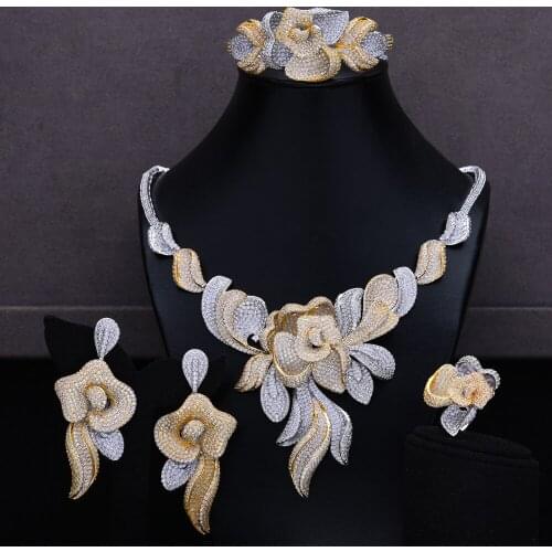 Blachette Big Flower Necklace Bangle Earrings Ring 4PCS for Women Bridal Wedding Jewelry Sets Luxury Cubic Zircon Party Show