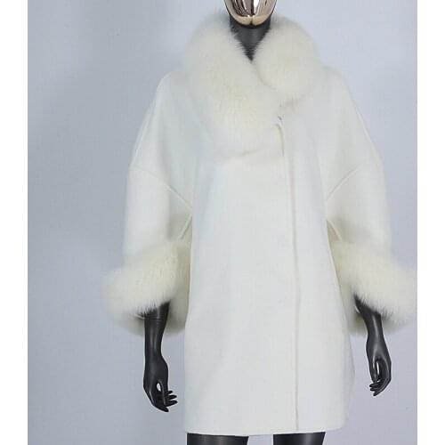 BLUENESSFAIR 2021 Real Fur Coat Winter Jacket Women Natural Fox Fur Collar Cuffs Three Quarter Sleeve Cashmere Wool Blends Loose