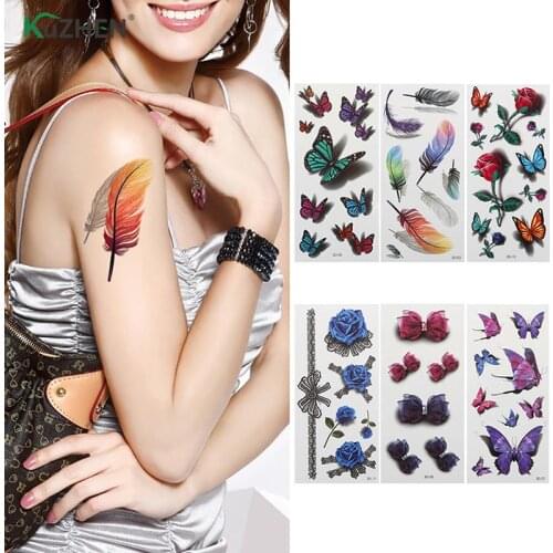 1PCS 3D Butterfly Rose Flower Feather Tattoo Temporary Tattoos Sticker Women Body Art Tattoo Sticker Waterproof Halloween Gift