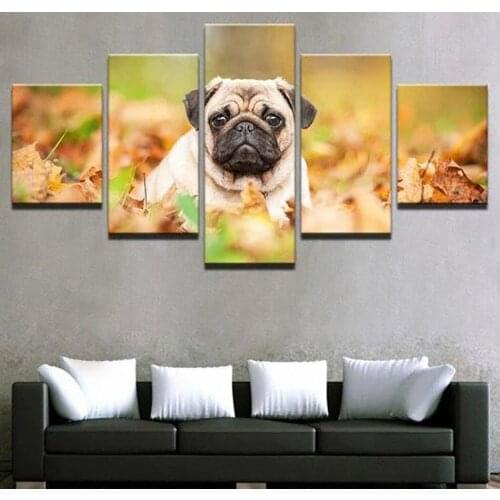 5 Pieces Wall Art Canvas Painting Animal Poster Lovely Pug Modern Home Bedroom Decoration Nordic Home Frame Pictures