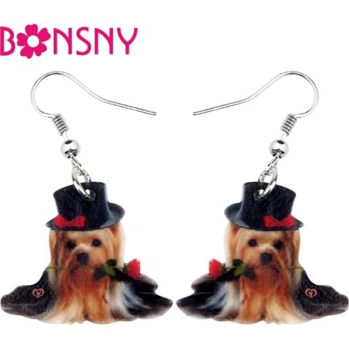 Bonsny Acrylic Biting Flower Yorkshire Terrier Dog Earrings Stud Dangle Drop Fashion Pet Jewelry For Women Girl Gift Accessories