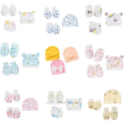 Baby Cartoon Anti-scratch Gloves Hat Foot Cover Set Handguard Cotton Mittens Beanie Cap Socks Kit for Infant Newborn Baby Gloves