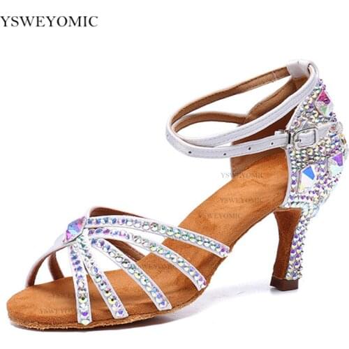 Dance Party Diamond 7.5cm Dancing Shoes White Wedding Women Performance Latin Salsa Dance Shoes With Rhinestones